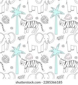 Simple vector pattern with African animals, elephant and tiger, anas and watermelon, tropical trees and leafs print. funny linear drawings. EPS