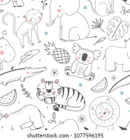 Simple vector pattern with animals, cute children's wallpaper African animals, elephant, bigem, rhinoceros, monkey, crocodile, koala, tiger, anas and watermelon, tropical print. funny linear drawings.