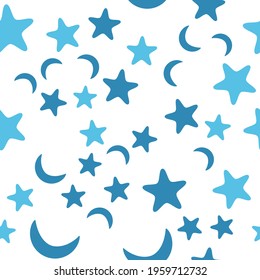 simple vector pattern blue stars and moons on white background