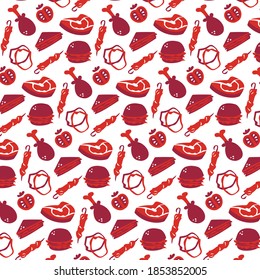simple vector pattern with chicken, meat, kebab, sandwich, tomato, onion rings and burger 