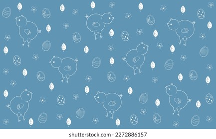 Simple vector pattern of chicks, easter eggs and leaves. Festive illustration.