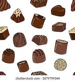 Simple vector pattern with colored chocolates on a white background in cartoon style.