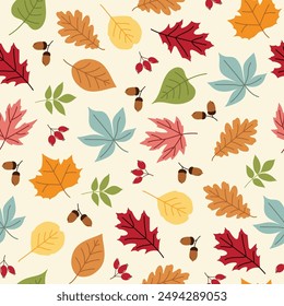 Simple vector pattern with different autumn leaves in beautiful fall colors on beige background