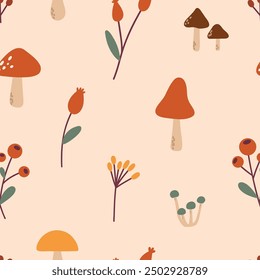 	
Simple vector pattern with different autumn berries, pumpkins, mushrooms in beautiful fall colors. Hand drawn cute and cozy design elements. Fall, Thanksgiving Day, Autumn season.