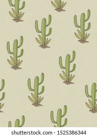 Simple Vector Pattern with Green Cactuses. Infantile Style Hand Drawn Cactuses with Black Sketched Outline.   Pampa Vector Print Ideal fo Fabric, Textile, Card, DIY Decoration, Wrapping Paper.