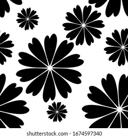 Simple vector pattern made of hand drawn sketchy flowers and leaves. Black and white floral background.
