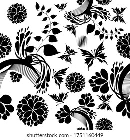 Simple vector pattern made of hand drawn sketchy flowers and leaves. Black and white floral background.