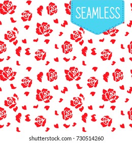 Simple vector pattern with red flowers on white background, flower rose, seamless flower pattern for wallpaper, card, fabric