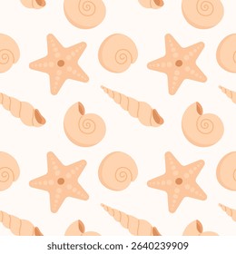 Simple vector pattern with shells and starfish on a light, milk white background