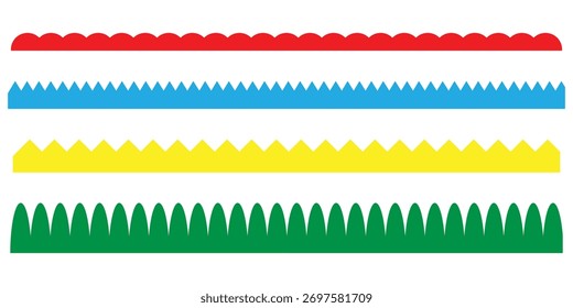Simple vector pattern stripe scalloped icons on white page. Isolated different colour scalloped edge set on white background. Geometric scallop edge border line on white page. EPS 10. 