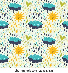 Simple vector pattern with sun, clouds and rain drops.