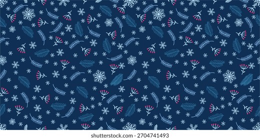 Um padrão vetor simples, padrão de inverno, com plantas da floresta, bagas vermelhas, ramos de abeto, folhas de Natal, plantas, natureza, têxteis infantis, papel de parede, cartazes, embalagem, impressão, web design, EPS