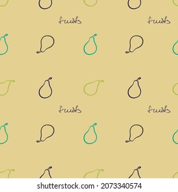 Simple vector pear pattern on the beige background. Simple stylish pattern. Colored pear contours. Blue, dark blue, light green, purple fruits. Handwritten style lettering. Nature, healthy, organic.