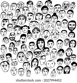 Simple vector of a lot of people. People's faces, old people, children, men and women.