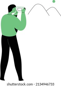 simple vector photographer character with cameras standing full length taking photos of mountains