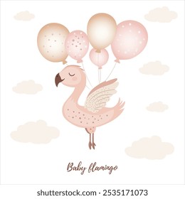 Simple vector pink and beige baby flamingo flying in the clouds with balloons. Nursery animal. Scandinavian style. Isolated on a white background. Great for any designs, textile, art, walls, package