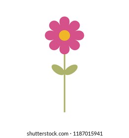 Simple vector of a pink and yellow daisy with a branch and green leaves.