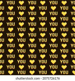 arte simple de píxeles vectoriales colorido patrón transparente de la palabra usted y forma del corazón en color oro o amarillo sobre fondo negro