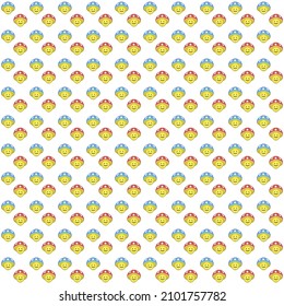 simple vector pixel art green seamless pattern of cartoon cute mushroom characters with red and blue hat on white background