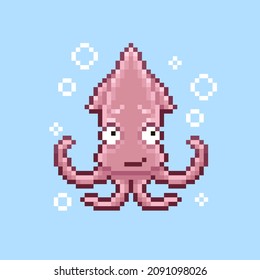 simple vector pixel art sign of cartoon smiling modest cute squid looking up