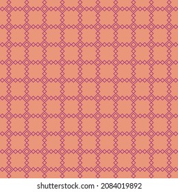 simple vector pixel art velvet violet seamless pattern of minimalistic abstract cell of rhombic weaves grid tile on calming coral background
