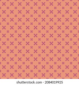 simple vector pixel art velvet violet seamless pattern of minimalistic abstract decorative diagonal cross stitch on calming coral background