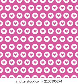 simple vector pixel art yellow seamless pattern of minimalistic pink and white geometric round icon with heart inside