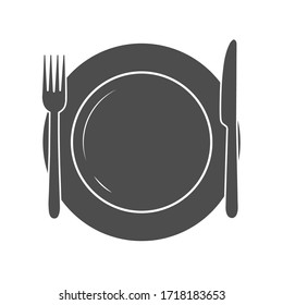 Simple vector plate icon with fork and knife, flat design isolated on white background.