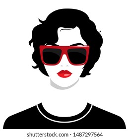 Simple vector portrait of beautiful respectable young womanwith red lips wearing big red fashionable sunglasses and black dress against white background