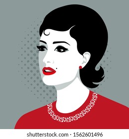 Simple vector portrait of beautiful respectable young woman with black curly hair and red lips wearing classic red dress with white pattern against spotted background
