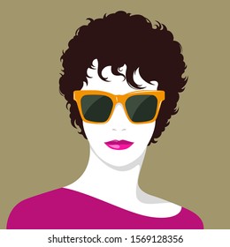 Simple vector portrait of beautiful respectable young woman with pink lips wearing big orange fashionable sunglasses and amaranthine dress