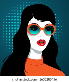 Simple vector portrait of beautiful young woman with full red lips, long black hair, wearing fashionable large orange sunglasses