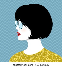 Simple vector portrait of beautiful young woman with short black hair wearing glasses and dress with abstract floral pattern against  blue background with wavy pattern, profile view