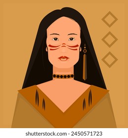 Simple retrato de Vector de una niña - un descendiente de los nativos americanos. Postal que representa a una chica mestiza disfrazada de nativa americana sobre un fondo amarillento