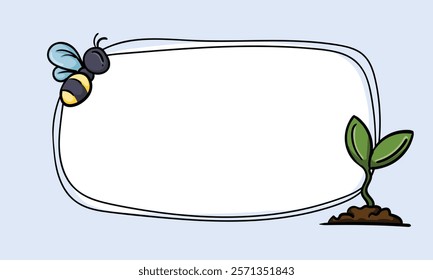 Simple vector postcard template design with plant sprout and bee. Editable frame with spring design. Hand drawn background for text, photo, price tag, sticker