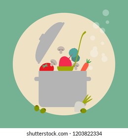 Simple vector of a pot releasing steam with a ladle and many vegetables. Beetroot, tomato, mushrooms, olives, onions, beets and carrots.