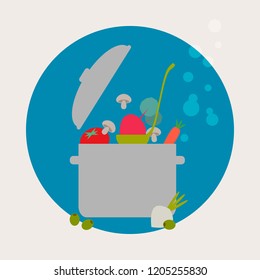 Simple vector of a pot releasing steam with a ladle and many vegetables. Beetroot, tomato, mushrooms, olives, onions, beets and carrots.