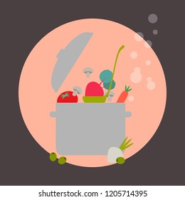 Simple vector of a pot releasing steam with a ladle and many vegetables. Beetroot, tomato, mushrooms, olives, onions, beets and carrots.