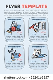 Modelo de lista de preços vetor simples para serviços de limpeza da empresa, bens domésticos. Desenho de panfletos, folhetos, anúncios, brochuras, banners, cartazes. Colagem para publicidade