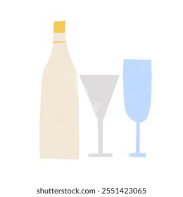 Simple Vector Print with Botttle of Wine and Cocktail and Wine Glasses. Funny Hand Drawn Illustration of Bottle and Drinks on a White Background. Naive Drawing-like Modern Art with Alkohol. RGB.