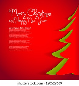 Simple vector red christmas tree cuted from paper - original new year card