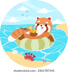 Simple vector of a red panda relaxing on the beach on a summer day