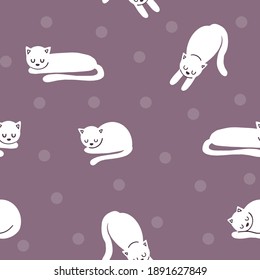 Simple vector repeat pattern with cute sleeping cats and little dots on purple background.