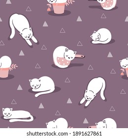Simple vector repeat pattern with cute sleeping cats and little triangles on purple background.