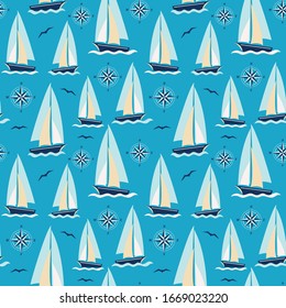 Simple vector repeat pattern with sailboats, compasses and seagull silhouettes. 