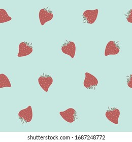 Simple vector repeat pattern with strawberries on light blue background. Vintage feeling.