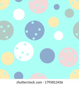 Simple vector repeating pattern of polka dots on an aqua green backdrop. Circles of pale pink, purple, white, grey and yellow make a fresh and modern background. Pretty and sweet and great for fabric 