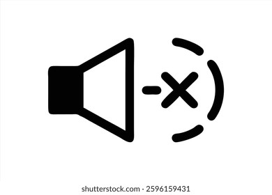 A simple vector representation of a speaker icon with a mute symbol prominently displayed. The design features a bold, black silhouette on a white background, perfect for digital applications.