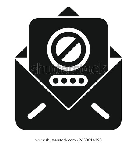 Simple vector representing the concept of email security, showing a document with a password and a prohibition sign inside an envelope