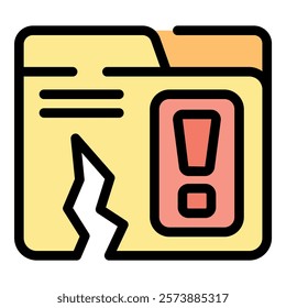 Simple vector representing a damaged folder with a red alert sign, suggesting data loss or corruption